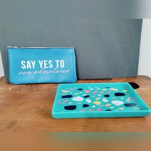 Blue Bundle. Cosmetic Bag with Inspirational Quote & Ceramic Trinket Tray